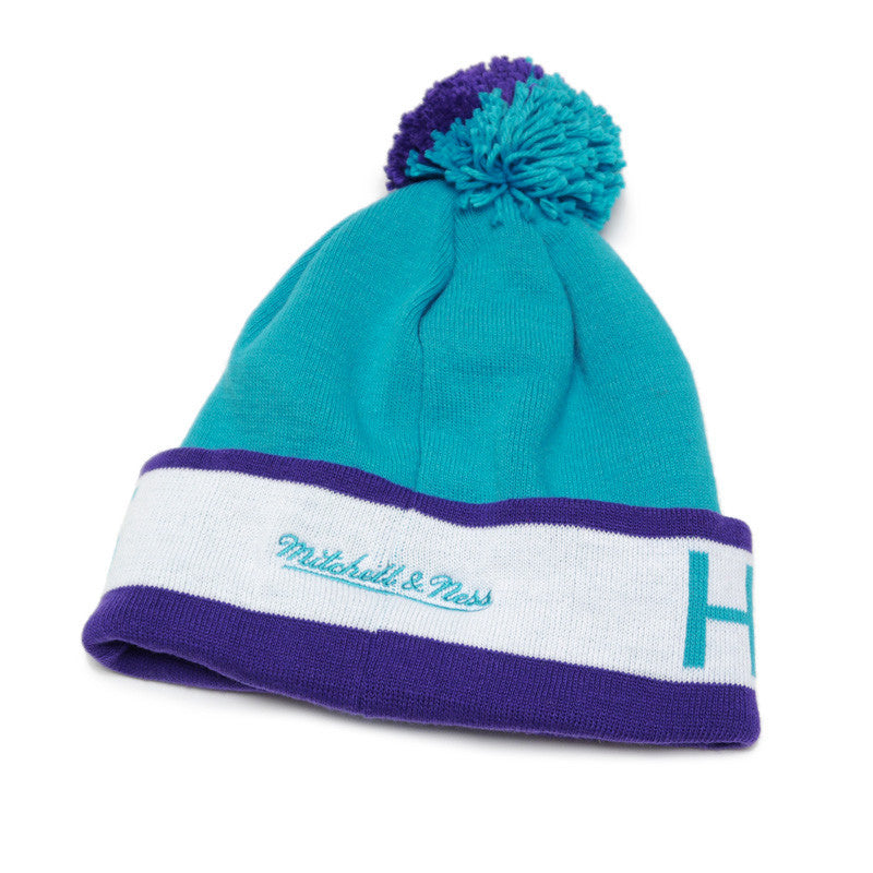 Vintage Hornets Mitchell & Ness Block Pom Beanie Teal/Purple